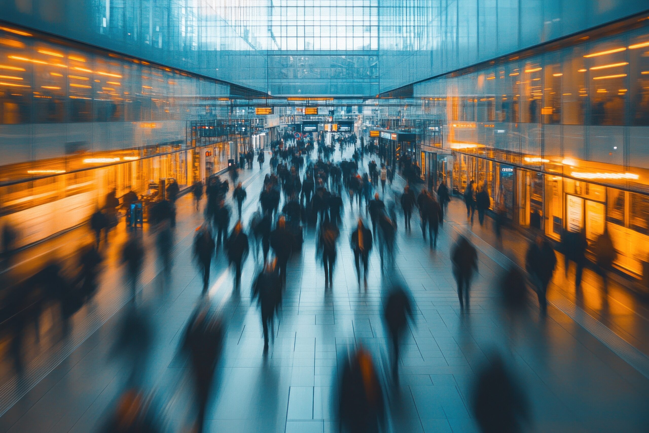 Long exposure reveals the dynamic movement of commuters navigating through a busy train station filled with lights and activity.